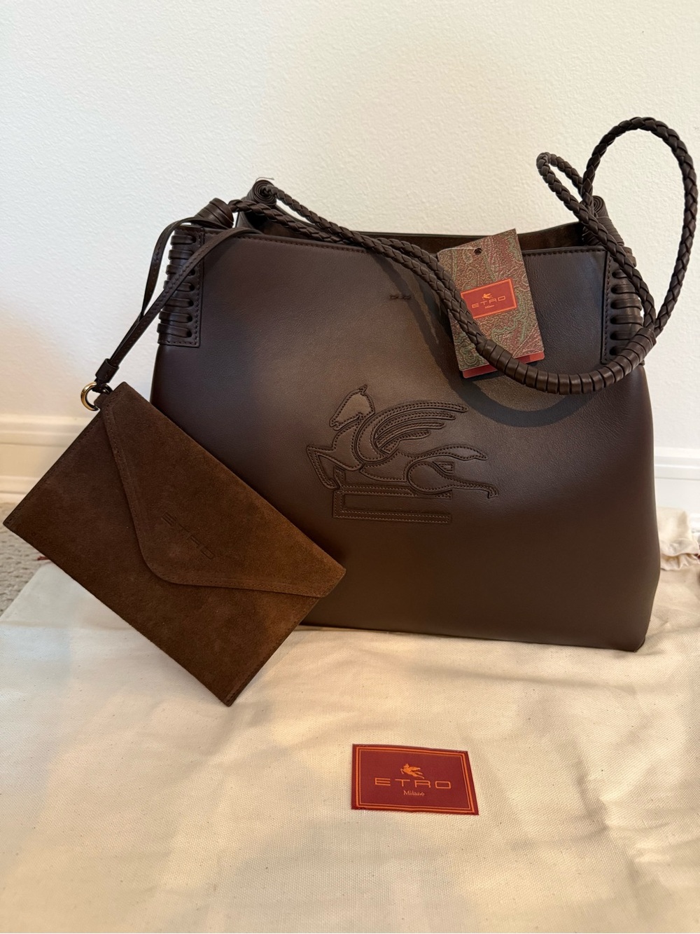 Etro Libra Brown Leather Tote Bag with Suede Pouch - Made in Italy - New